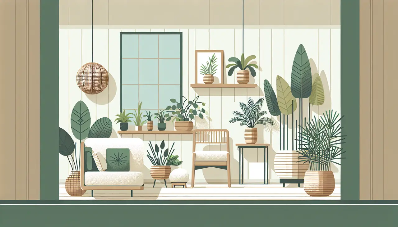 Draw a graphic in flat design style. A minimalist living room with bamboo furniture and potted plants.