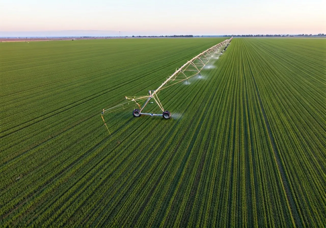 Aerial view of modern irrigation system on farmland. 35mm stock photo