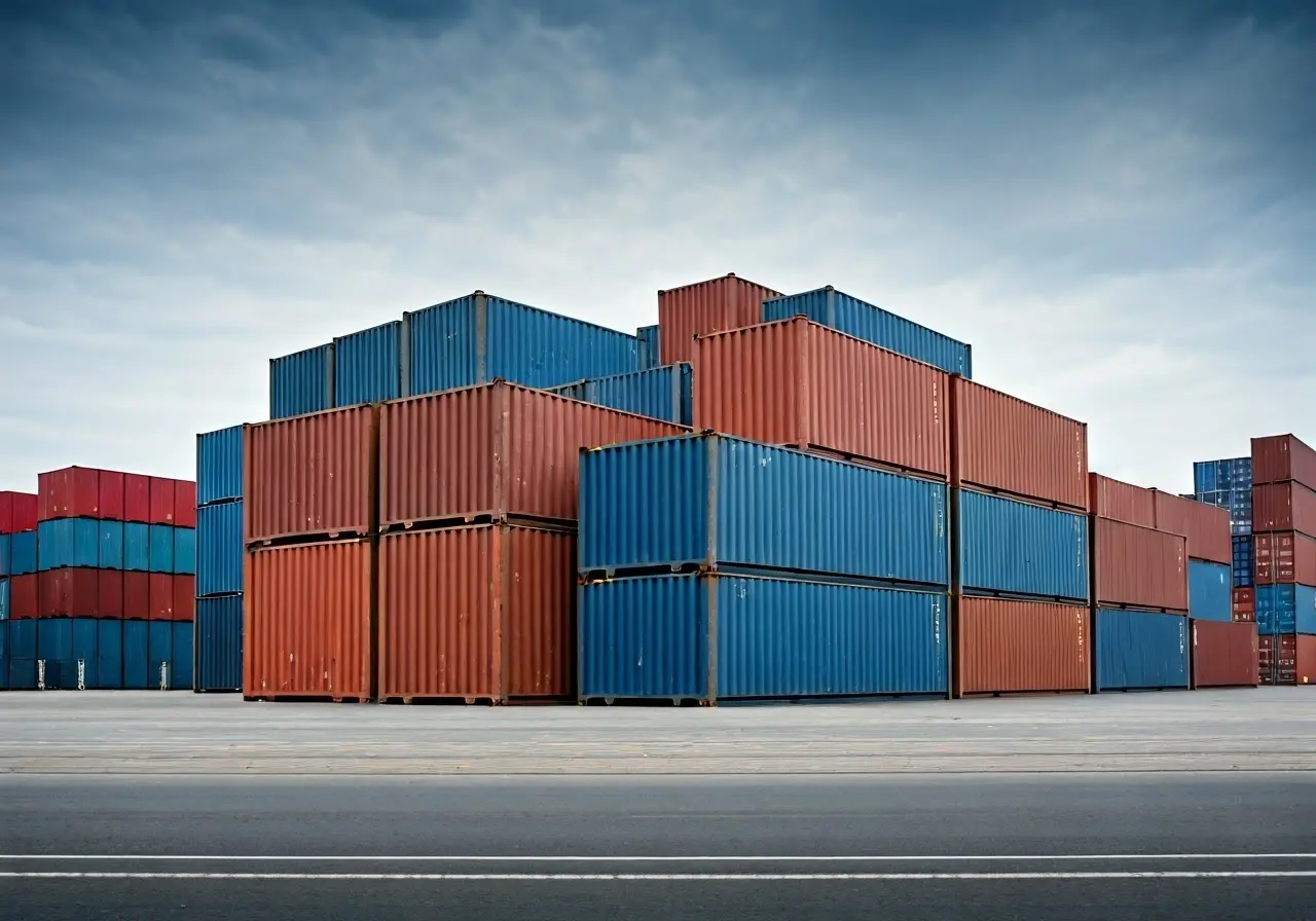 Containers stacked at a busy international shipping port. 35mm stock photo