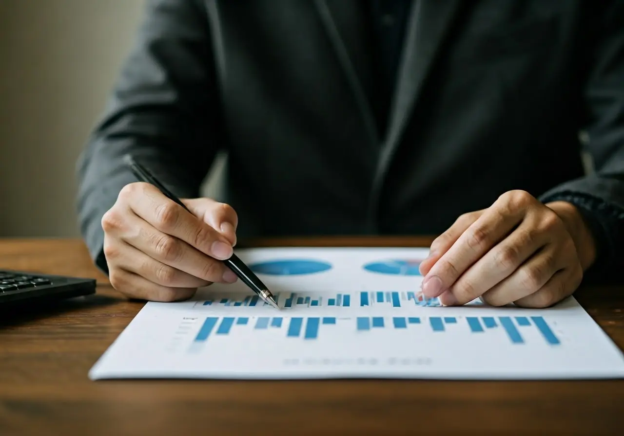 A businessperson analyzing financial graphs and cashflow charts. 35mm stock photo