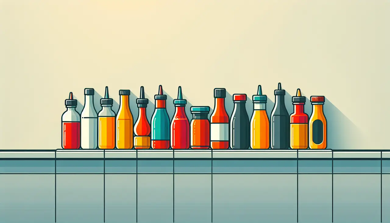 Draw a graphic in flat design style. A neat row of colorful condiment bottles and jars on a minimalist kitchen countertop.