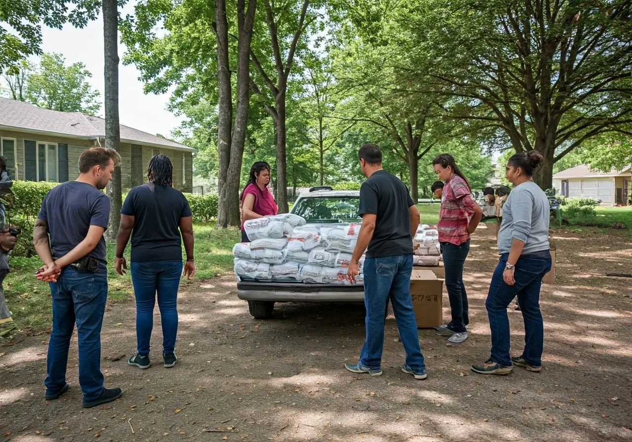 Community volunteers distributing supplies after a natural disaster. 35mm stock photo