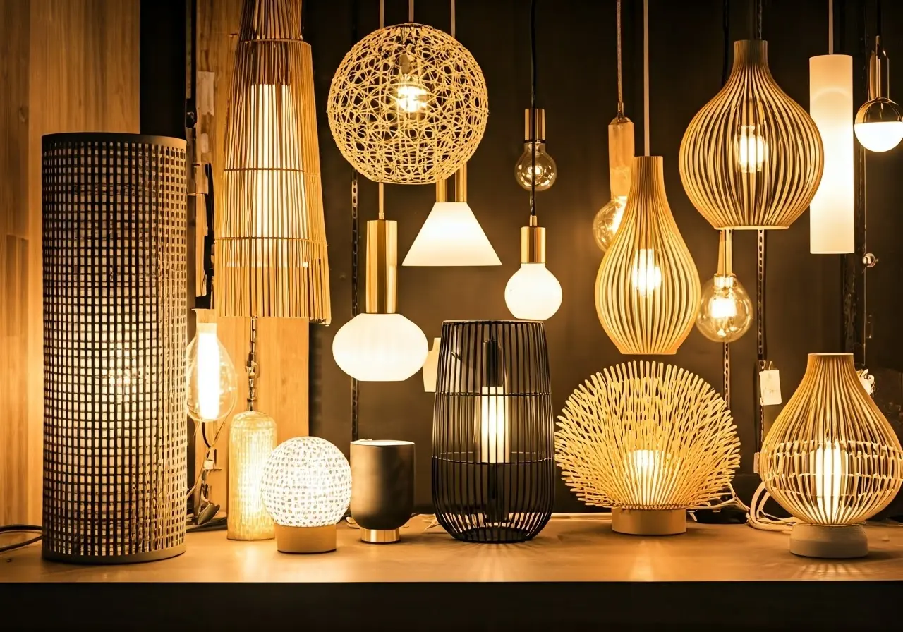 A variety of stylish light fixtures displayed in a bright room. 35mm stock photo