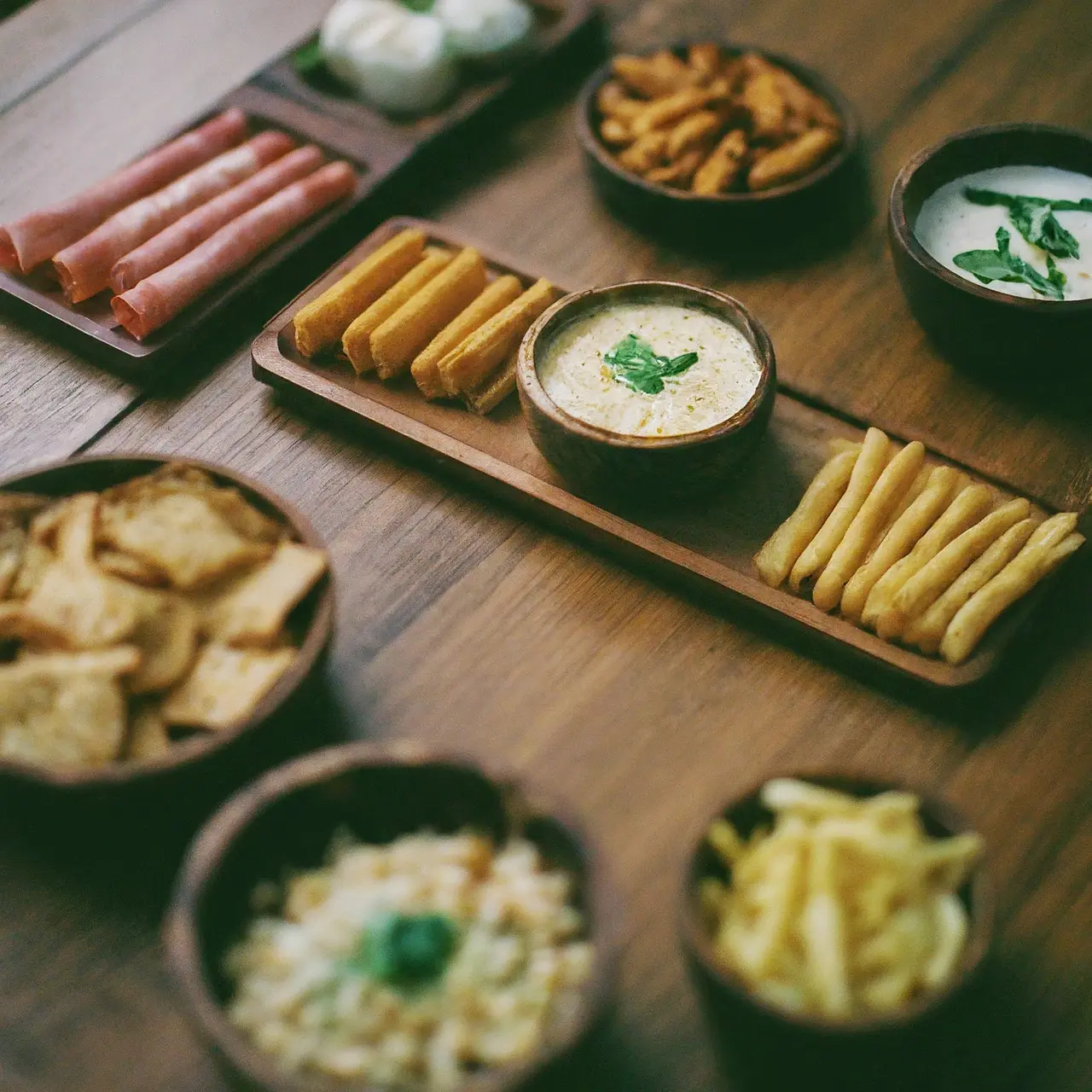 A variety of snacks neatly arranged on a wooden table. 35mm stock photo