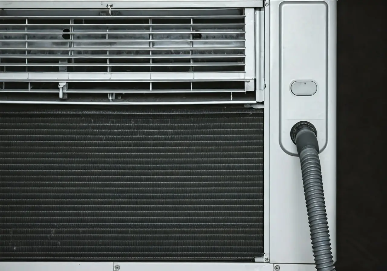 An AC unit being cleaned with a vacuum. 35mm stock photo