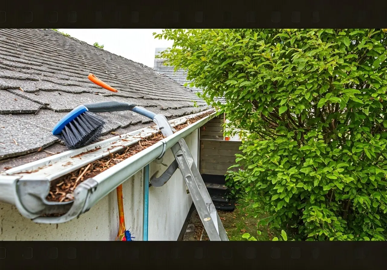 Ladder and cleaning tools near a house’s clogged gutter. 35mm stock photo