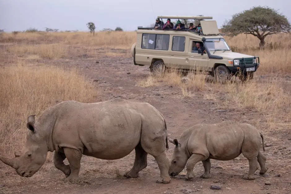 Tourists observe rhinos closely on an African safari, capturing wildlife up close.