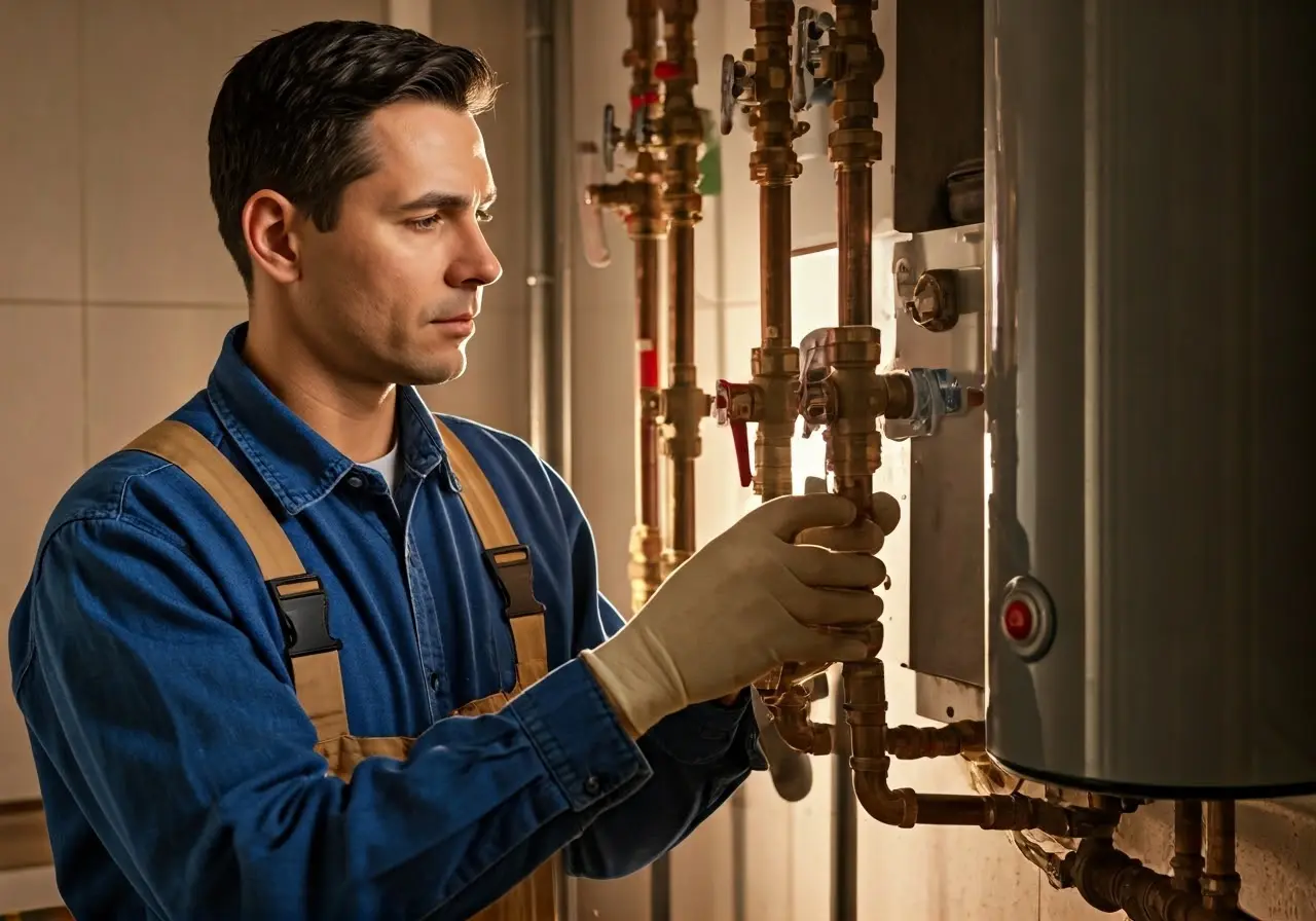 A technician inspecting pipes near a hot water heater. 35mm stock photo