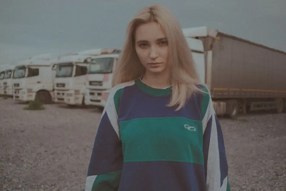 Portrait of a blonde woman in a colorful sweatshirt standing near parked trucks outdoors.