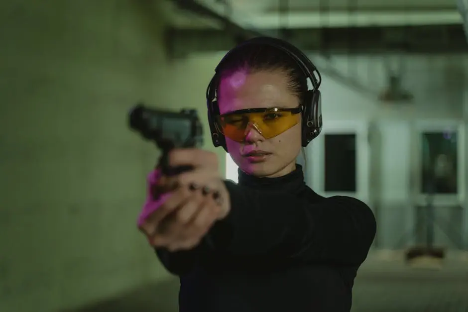 Woman aiming a pistol indoors at a shooting range, wearing eye and hearing protection.