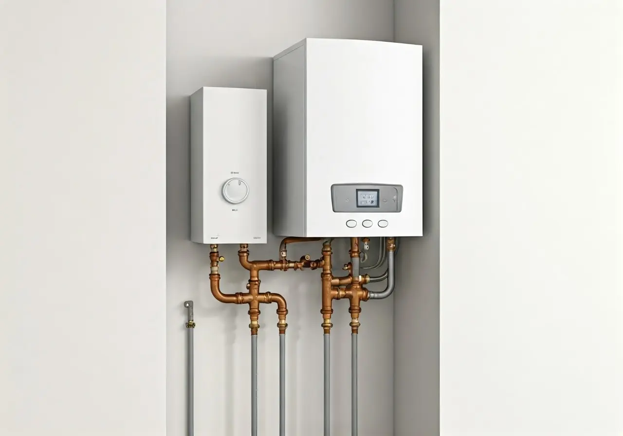 A new boiler being installed in a modern home. 35mm stock photo