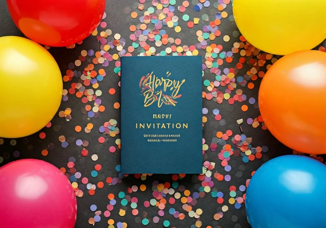 Colorful confetti and balloons surrounding a stylish invitation card. 35mm stock photo