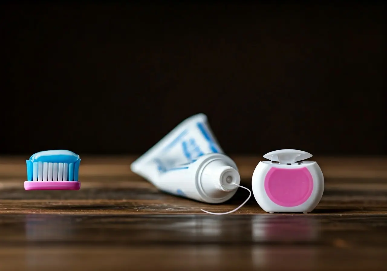 A toothbrush and toothpaste next to a dental floss. 35mm stock photo