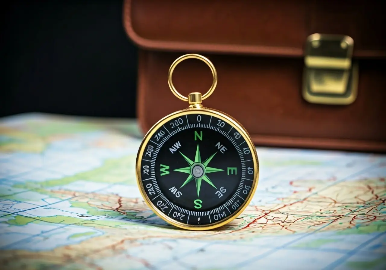 A compass on a map with a briefcase nearby. 35mm stock photo