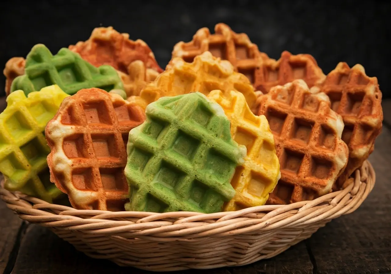 A variety of colorful egg waffles in a basket display. 35mm stock photo