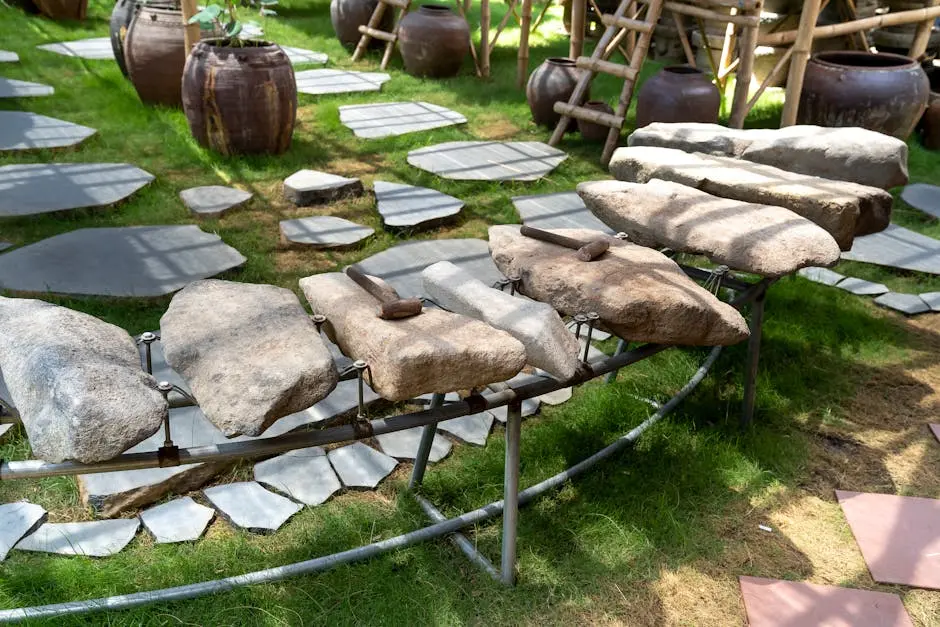 Thematic garden with big stones and hammers on metal rack near lush potted plants on grassland on sunny day