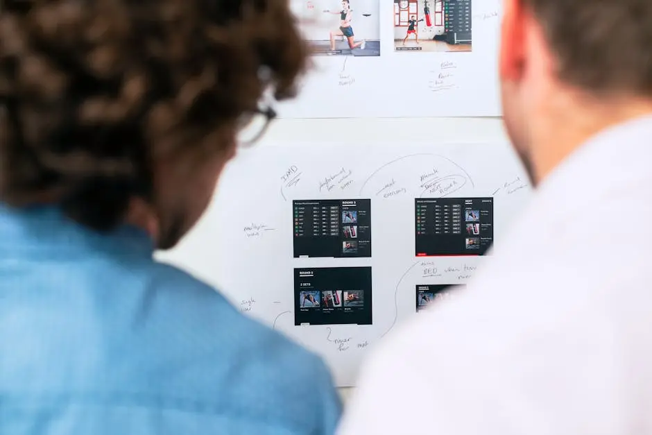 Two business professionals brainstorming and planning software development with a whiteboard in an office.