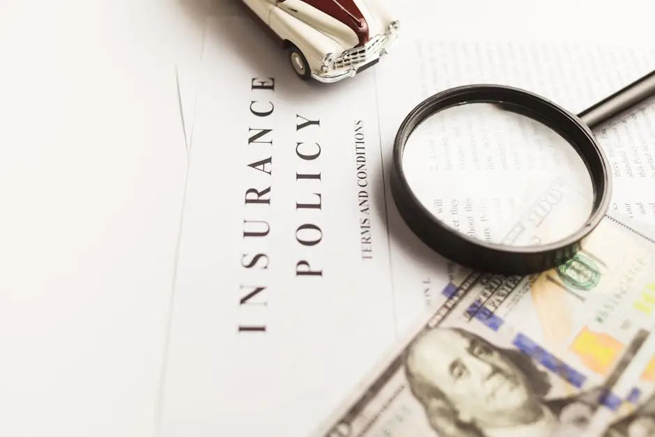 Close-up image of an insurance policy with a magnifying glass, money, and toy car.