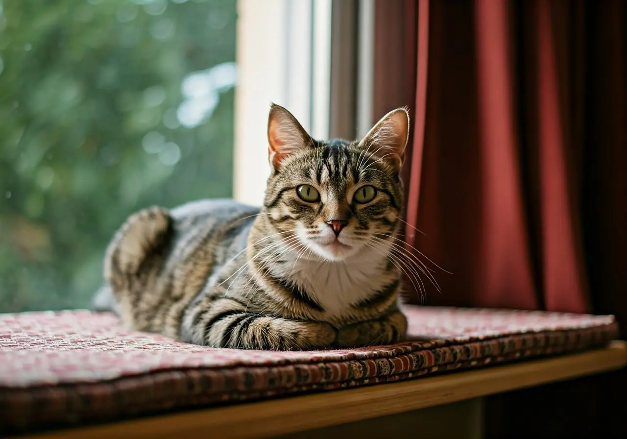 A content cat lying comfortably on a cozy window seat. 35mm stock photo