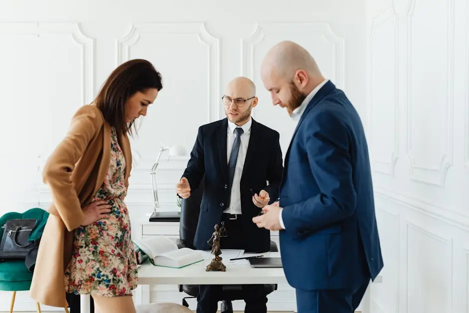 A lawyer meets with clients to discuss legal matters in a professional office setting.