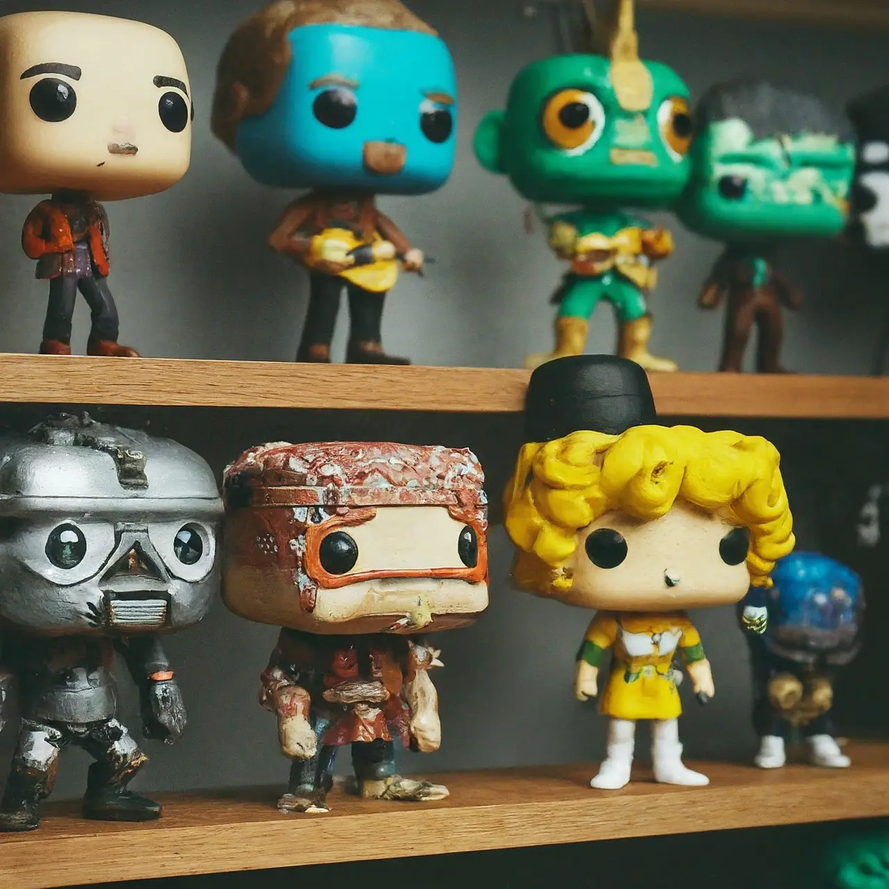 A collection of colorful Funko Pop figures on shelves. 35mm stock photo