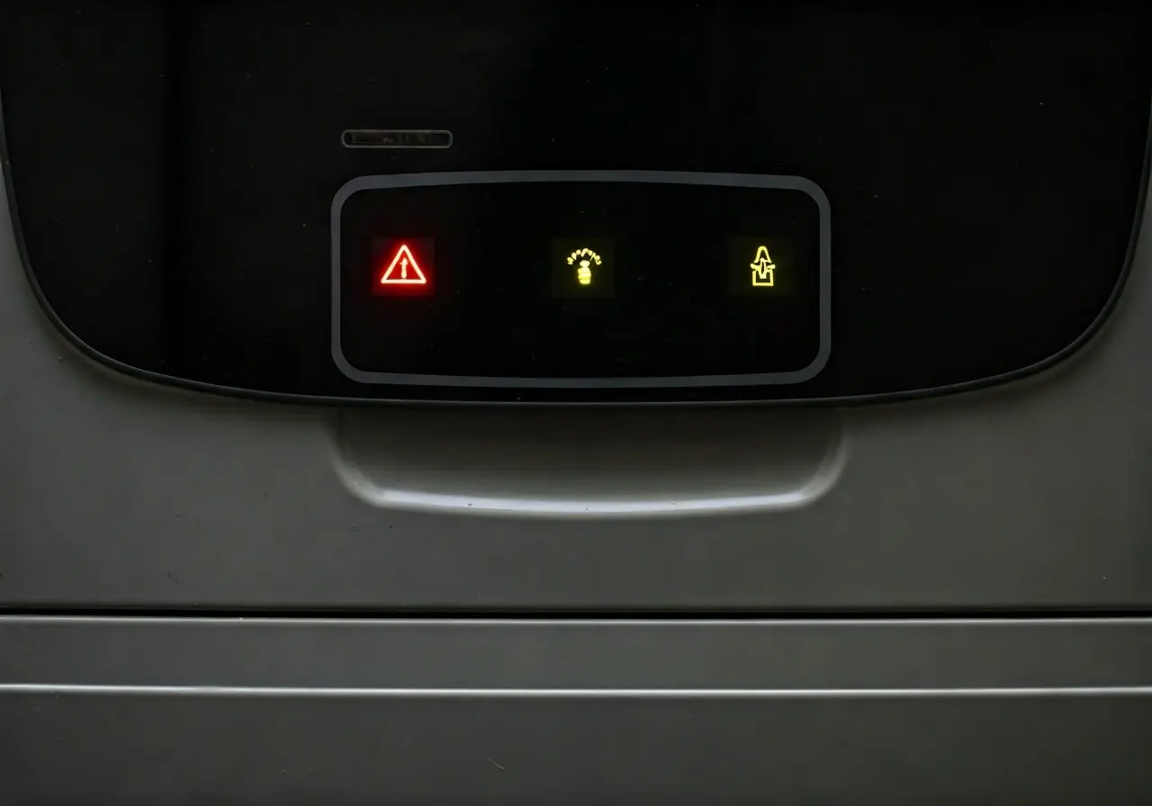 Close-up of a malfunctioning furnace with warning lights on. 35mm stock photo