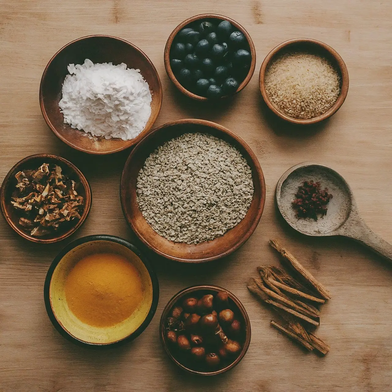 Various natural ingredients on a wooden surface. 35mm stock photo