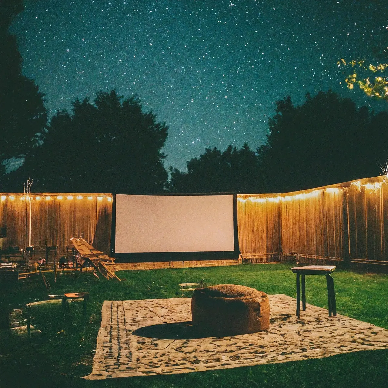 A backyard home theater setup under the stars. 35mm stock photo