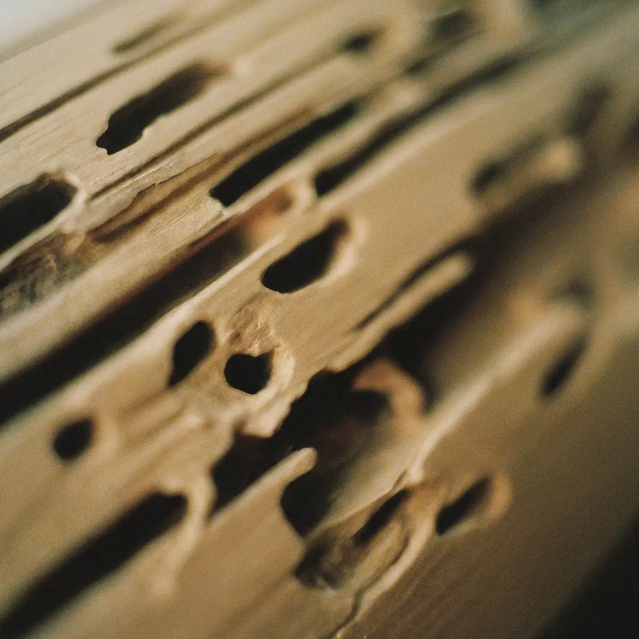 A damaged wooden beam with visible termite holes. 35mm stock photo