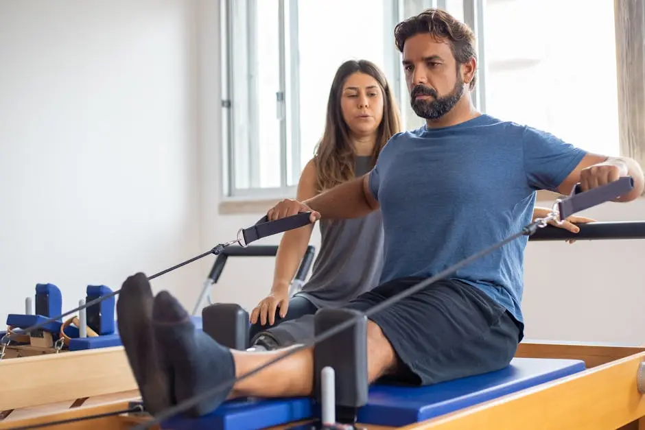 Man with prosthetic leg working out with trainer in gym, showcasing strength and rehabilitation.