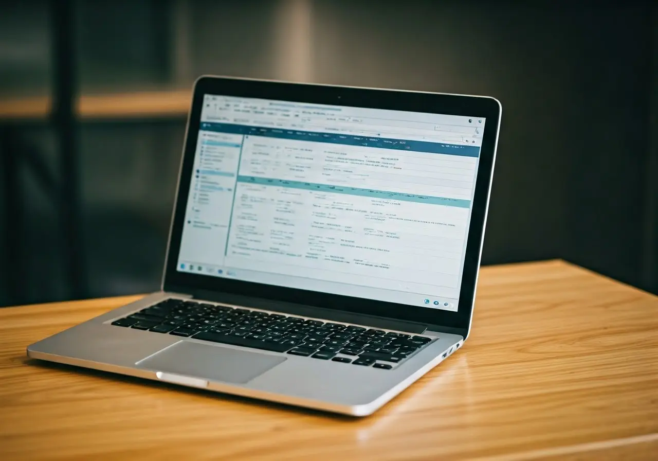 Open laptop displaying transcription software on a wooden desk.