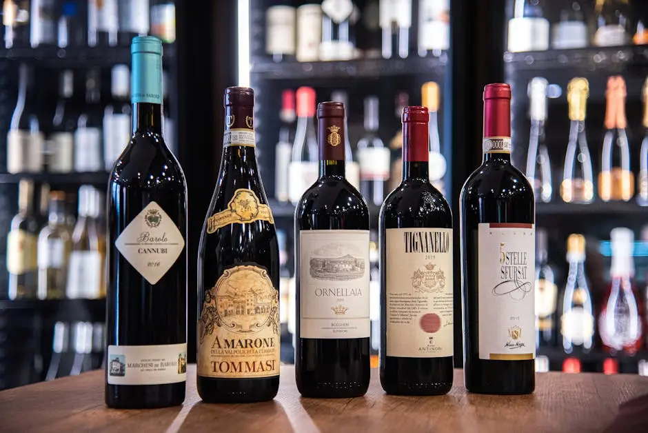 A group of six bottles of wine sitting on a table