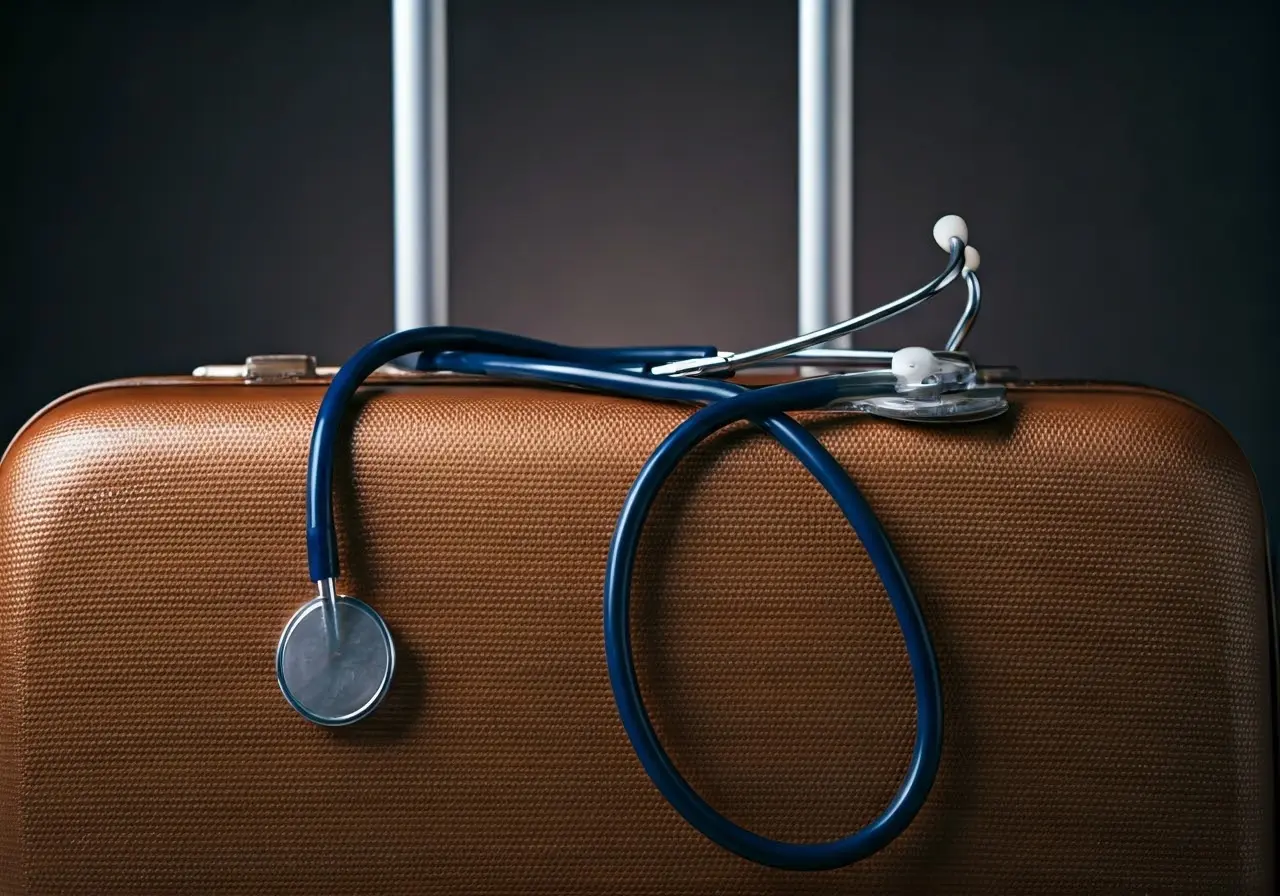 A suitcase with a stethoscope draped over it. 35mm stock photo