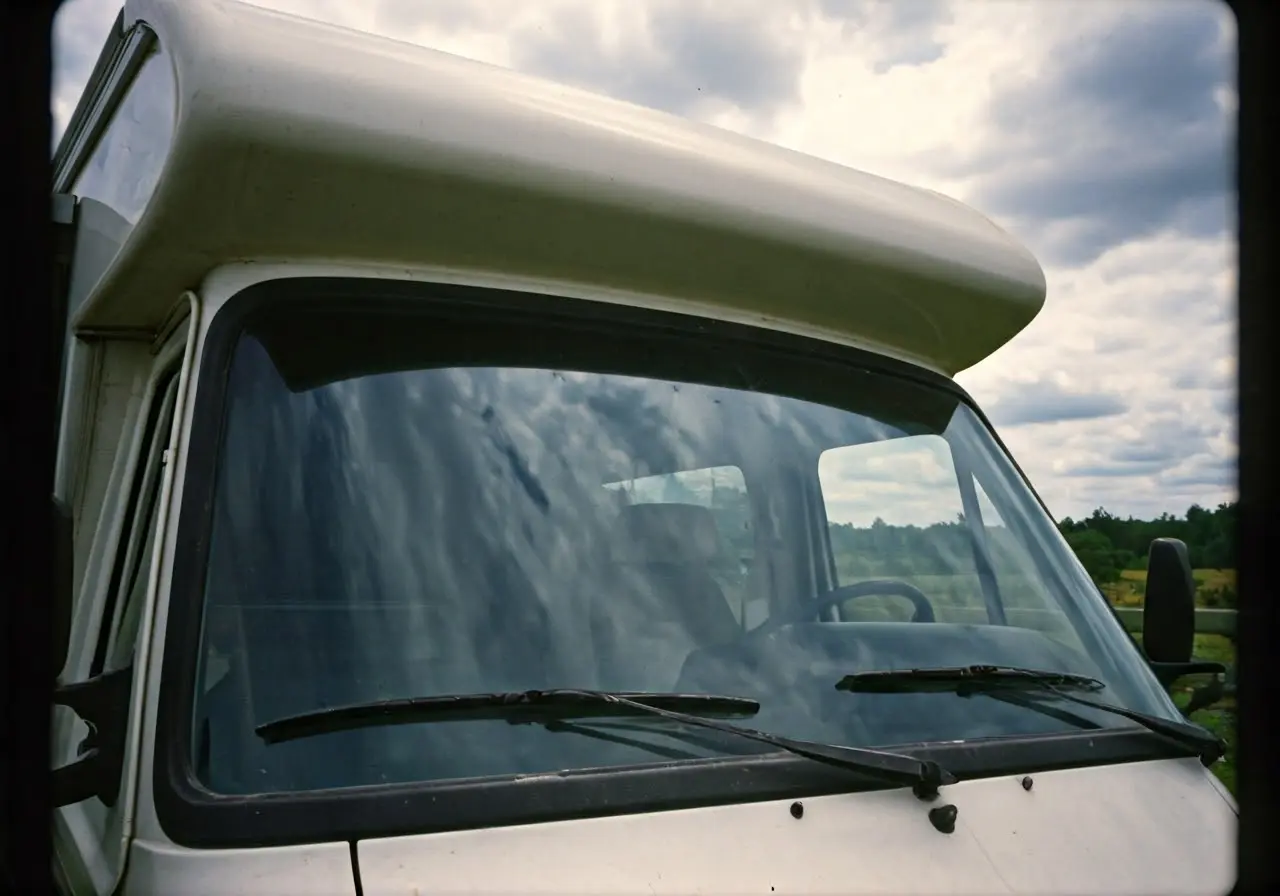 A close-up of an RV windshield replacement under cloudy skies.