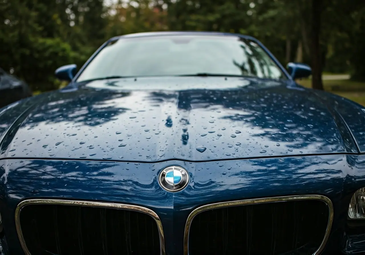 A shiny car with water beading off the hood. 35mm stock photo