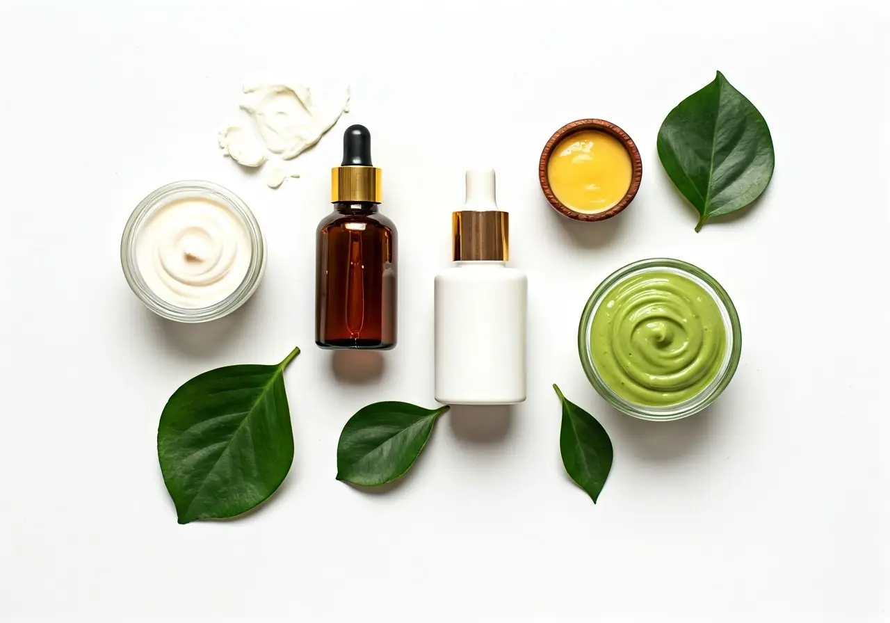 Natural skincare products arranged with green leaves on white background. 35mm stock photo