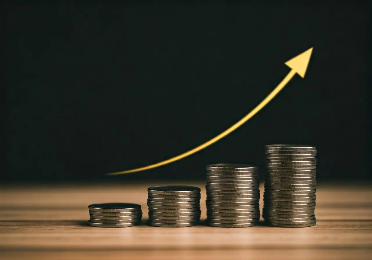 A stack of coins next to a rising graph chart. 35mm stock photo