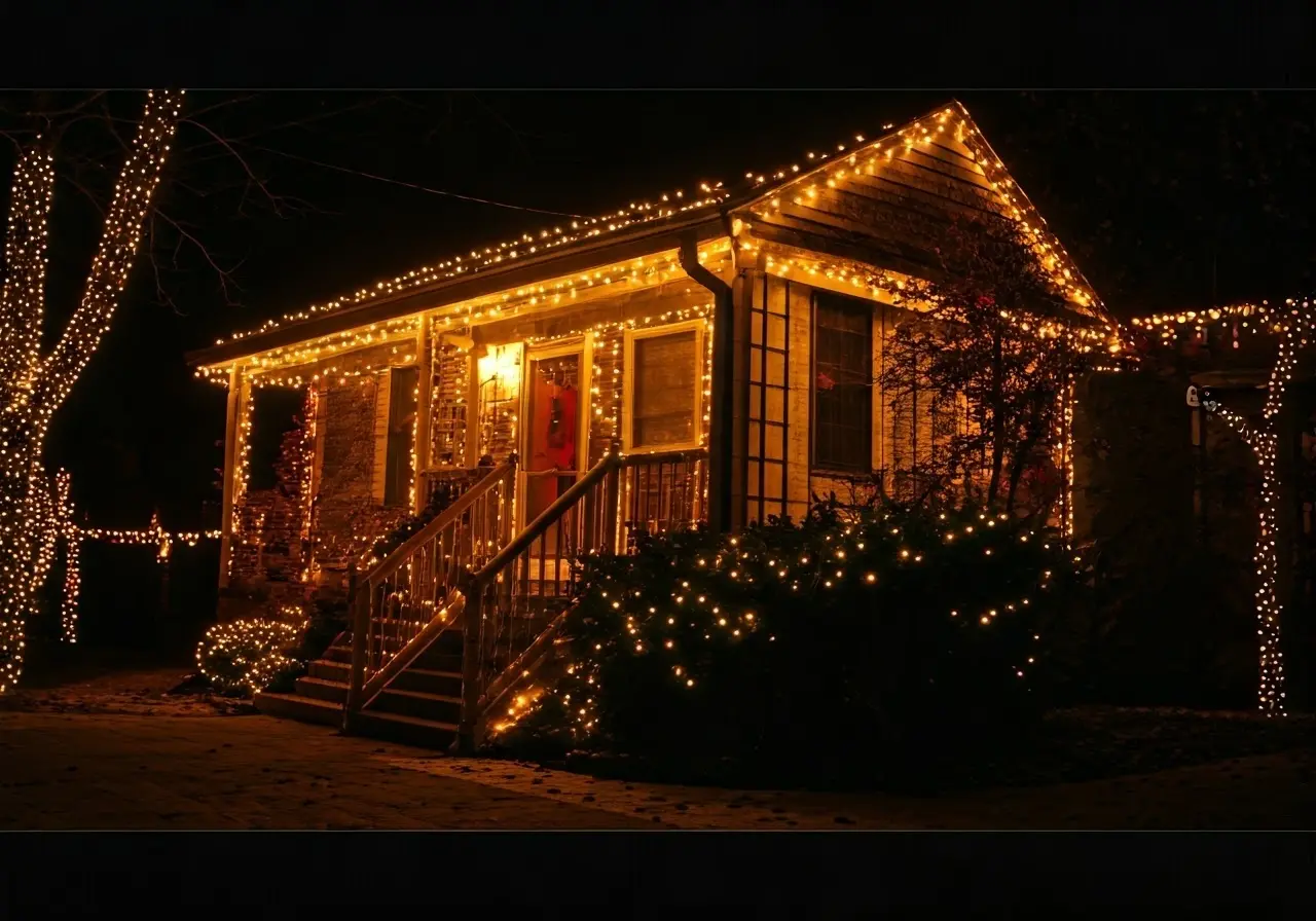 A ladder beside a house decorated with Christmas lights. 35mm stock photo