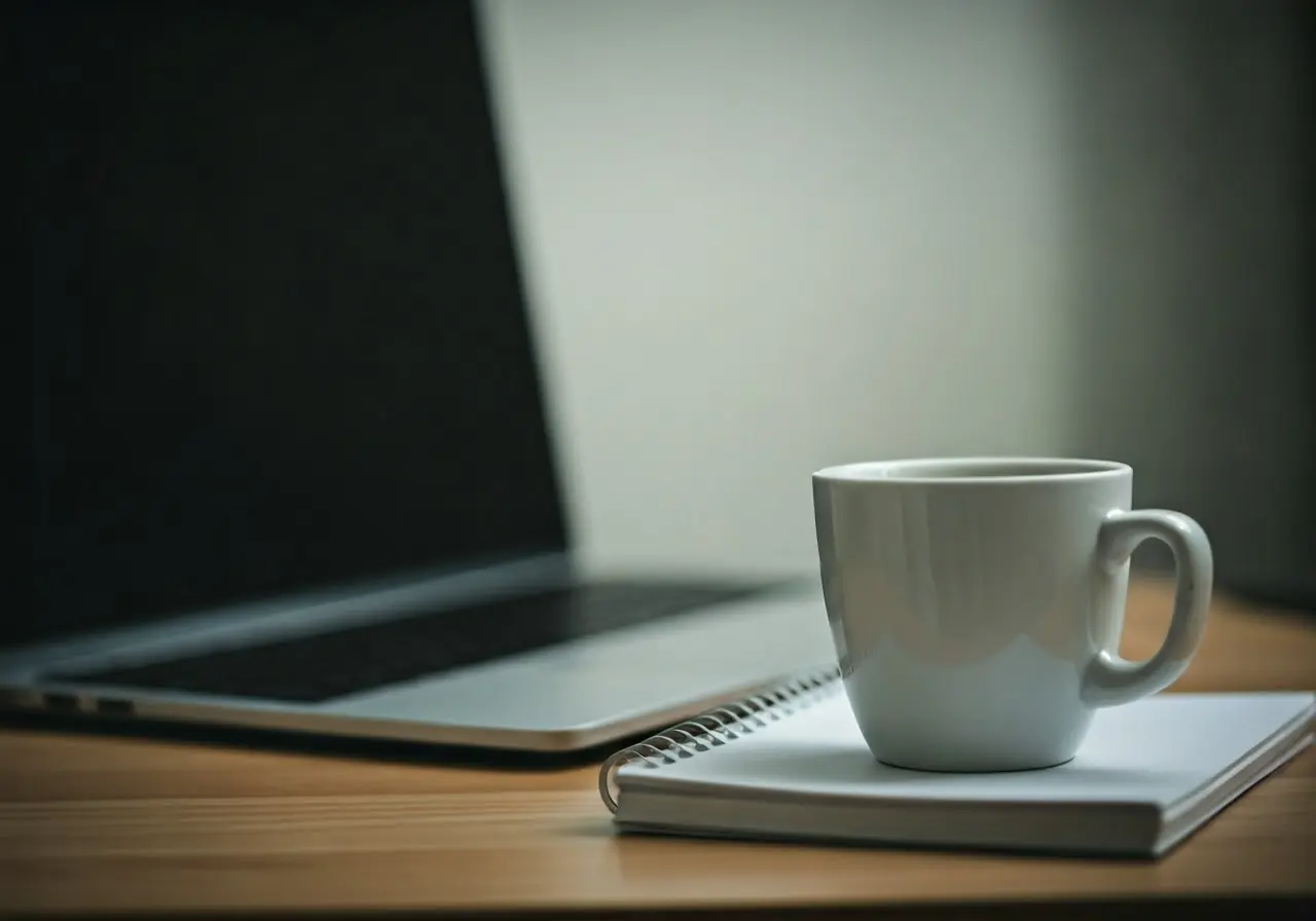 Laptop, notebook, and coffee cup on a tidy desk. 35mm stock photo