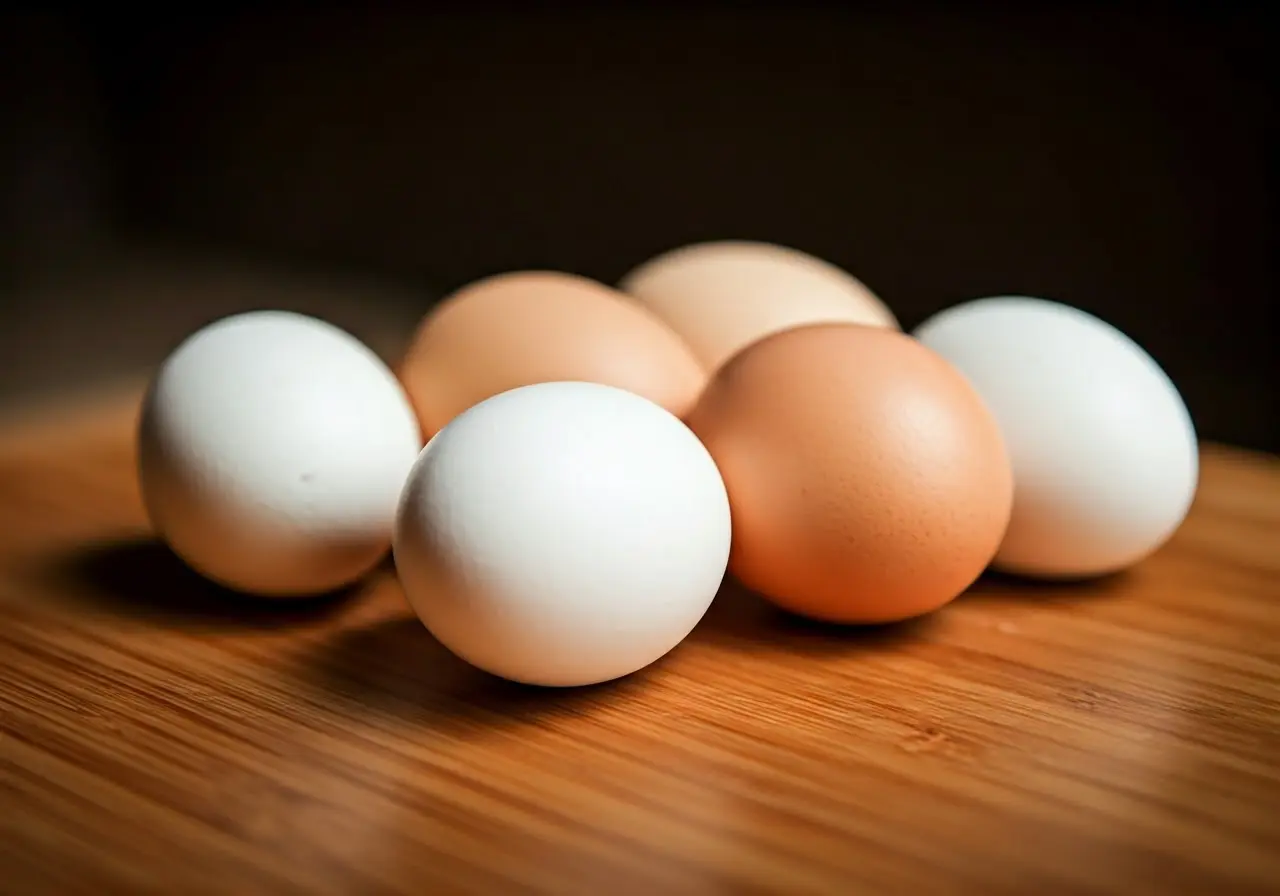 Close-up of Hong Kong egglets on a wooden table. 35mm stock photo