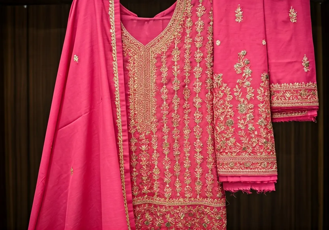 A pink embroidered dress hanging beside matching accessories on display. 35mm stock photo