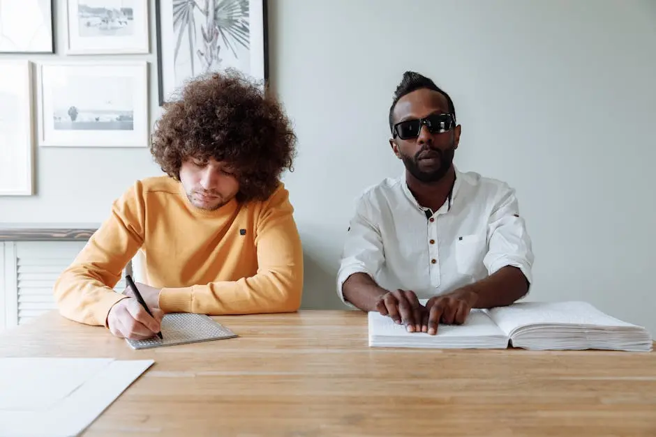 Two men learning and reading braille indoors, highlighting assistance for visual impairment.