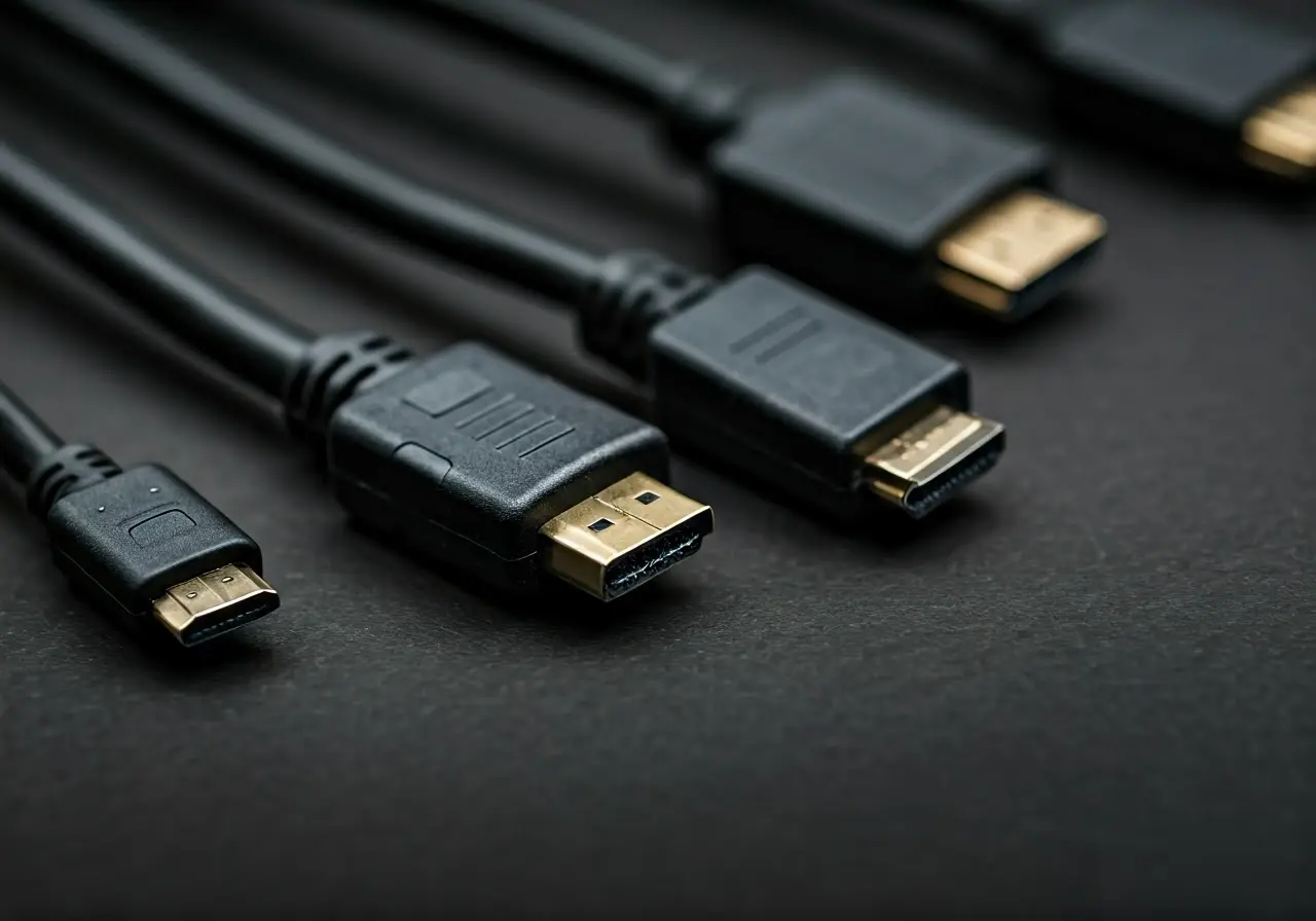 Close-up of various HDMI cables laid out in a row. 35mm stock photo