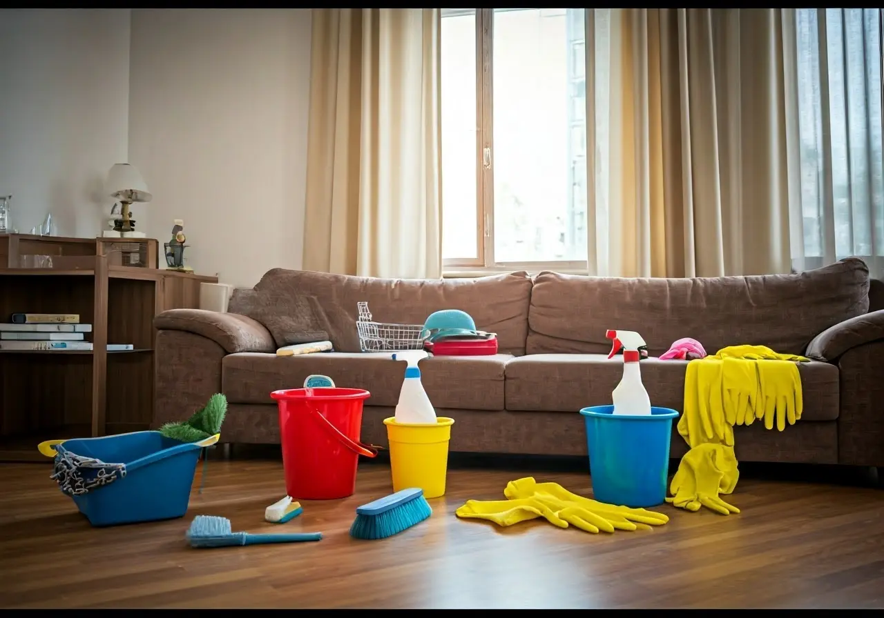 A messy living room with cleaning supplies scattered around. 35mm stock photo