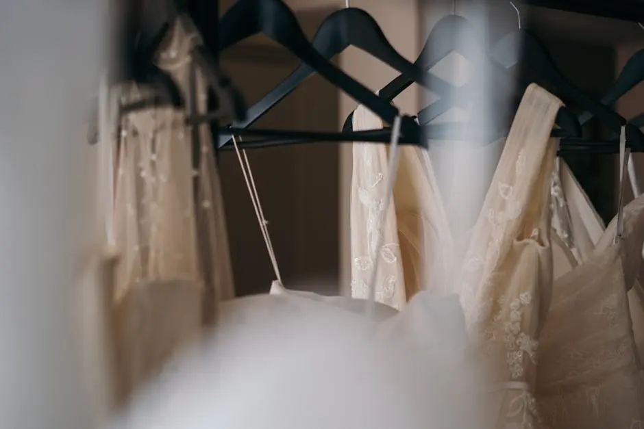 Close-up view of elegant lace wedding dresses on hangers, perfect for bridal fashion themes.