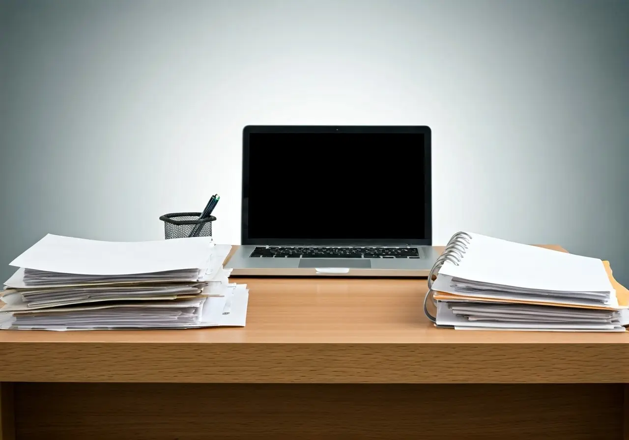 An office desk with scattered files and a laptop. 35mm stock photo