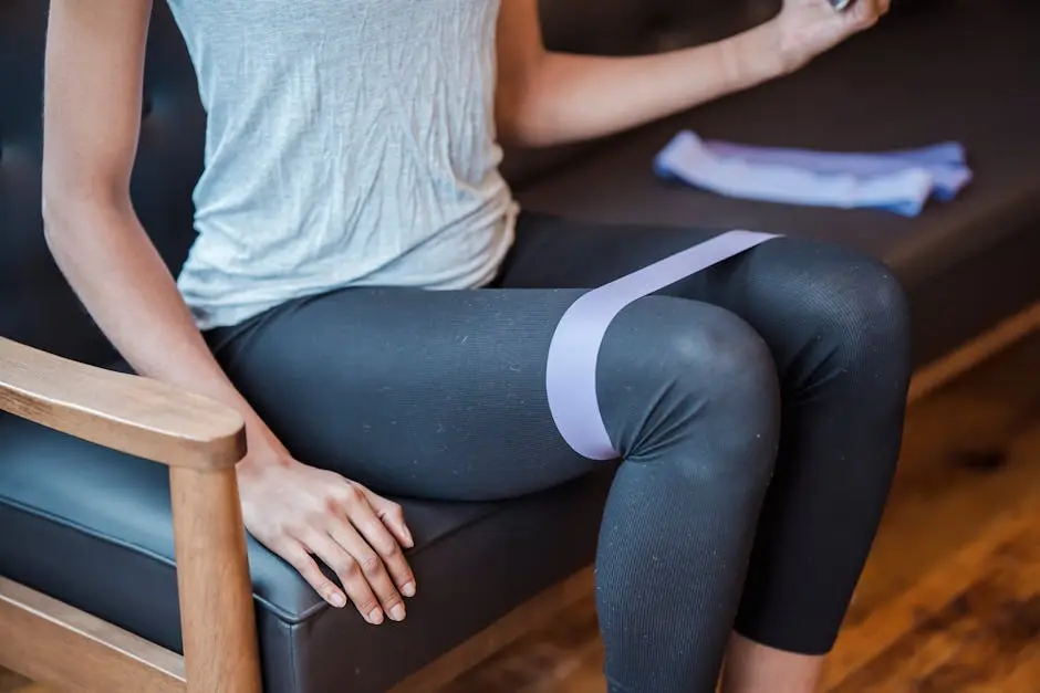 Faceless slim strong female in sportswear sitting on couch while exercising with elastic resistance band on legs during intense workout