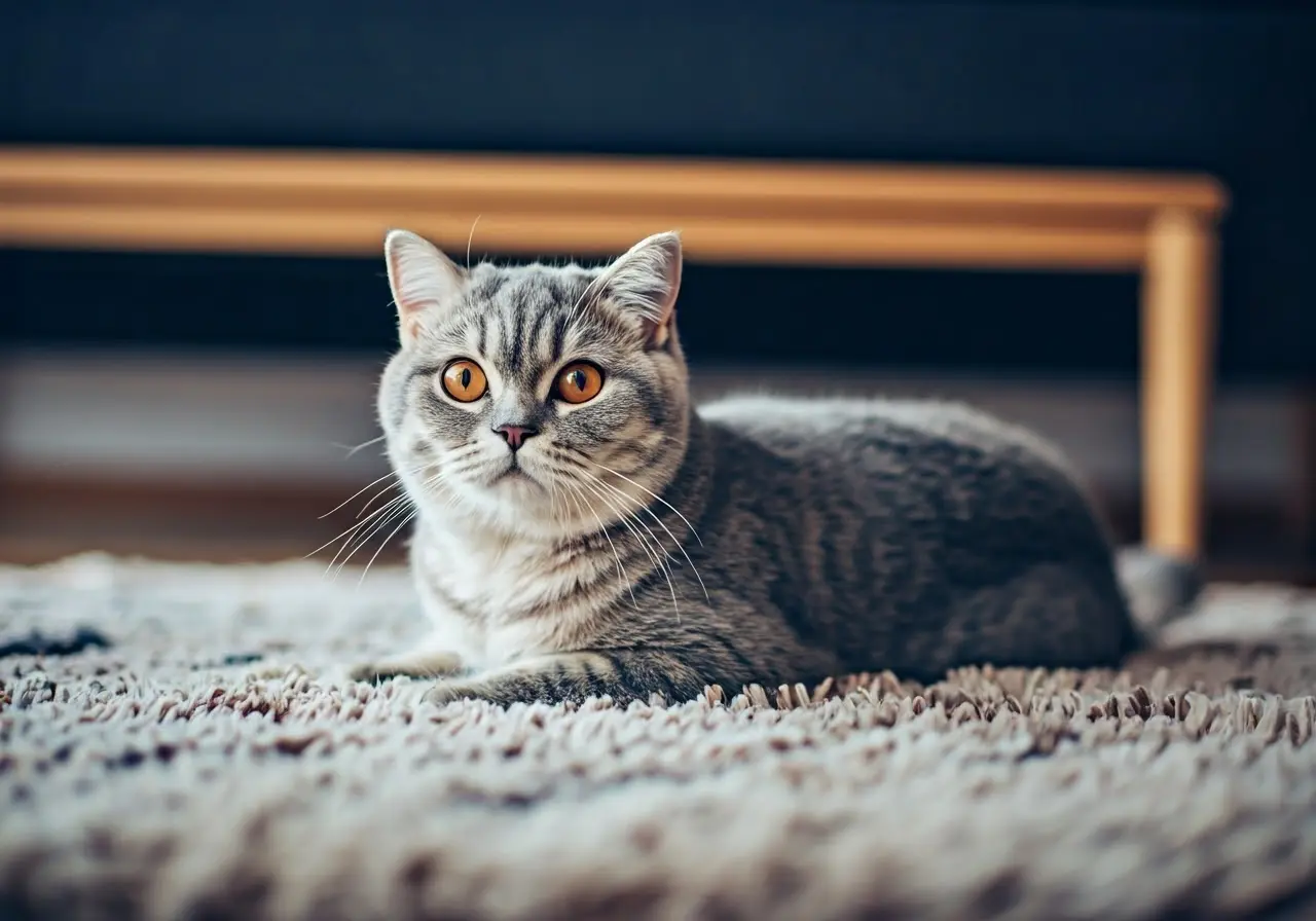 A playful British Shorthair cat lounging on a fluffy rug. 35mm stock photo