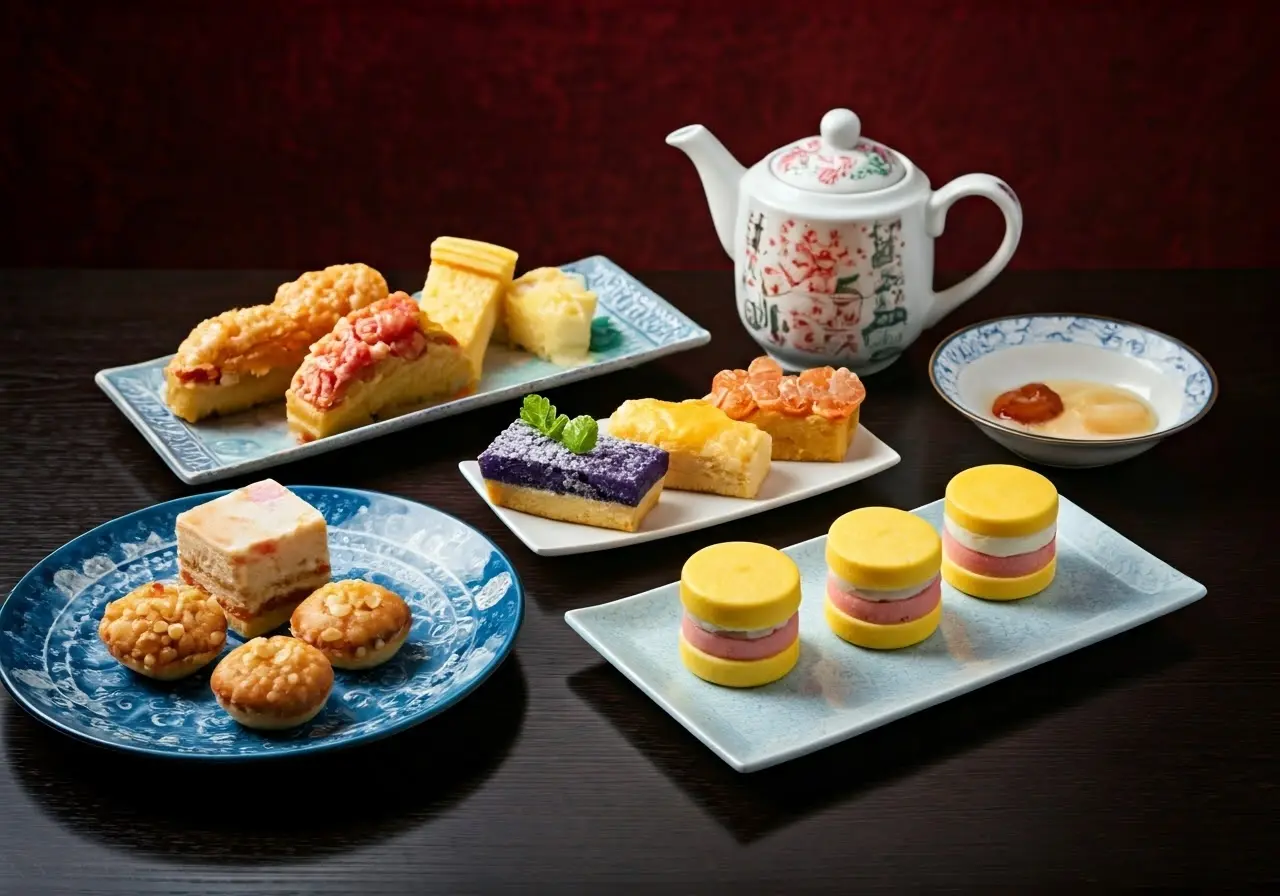 A vibrant display of Asian fusion desserts with traditional Hong Kong motifs. 35mm stock photo