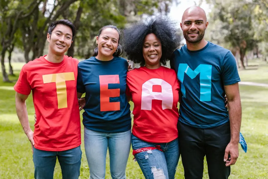 A diverse group of adults bonding and smiling in a park wearing TEAM shirts.